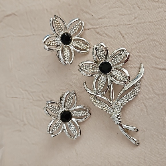 SARAH COV Silver Tone & Black Stone 3 Piece Set - Picture 1 of 7
